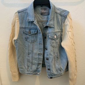 Denim jacket with sweater sleeves